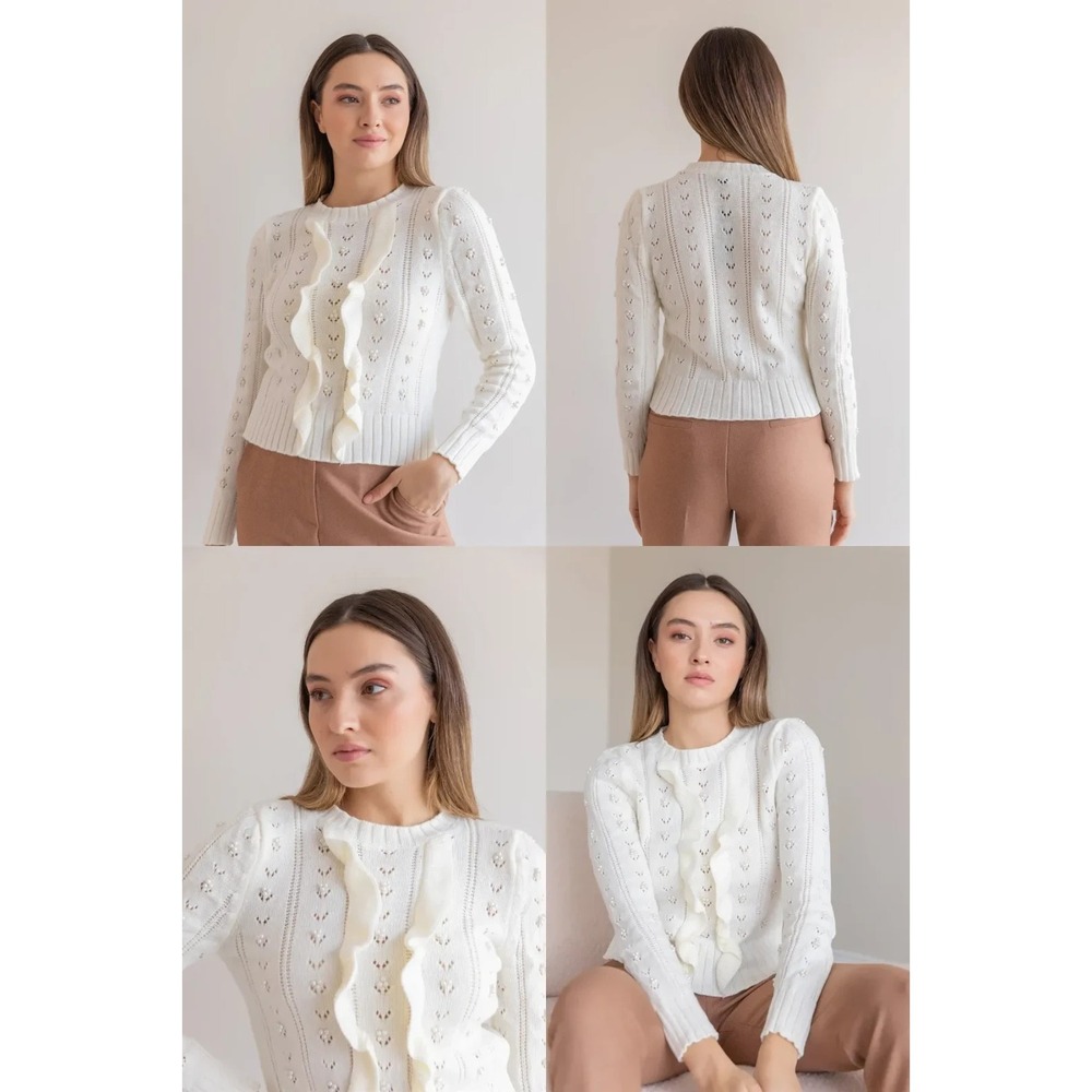 Zara Sweater Womens M White Pointelle Knit Ruffle Front Pearl Beads Embellished